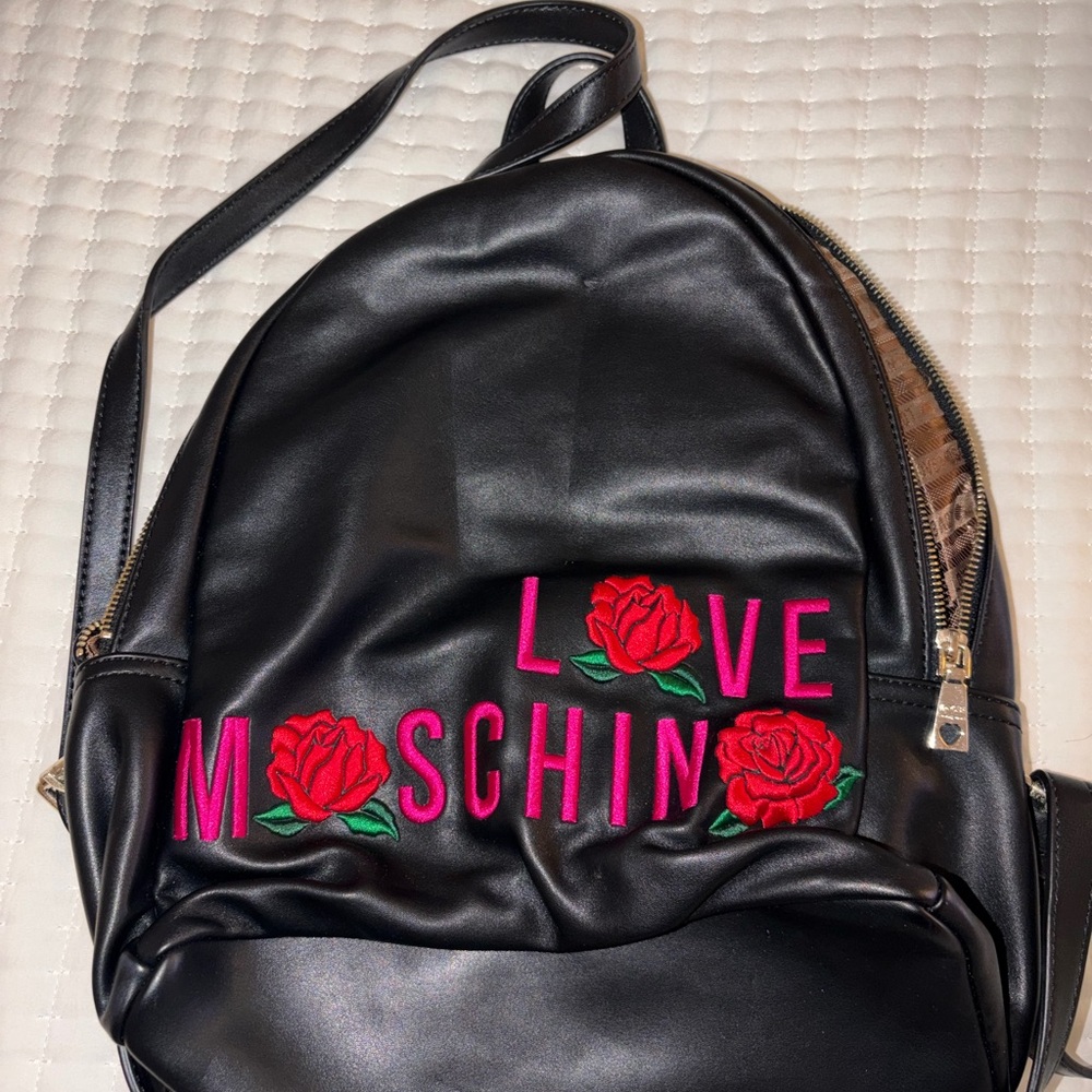Love Moschino Black Backpack with Red and Pink Embroidery
